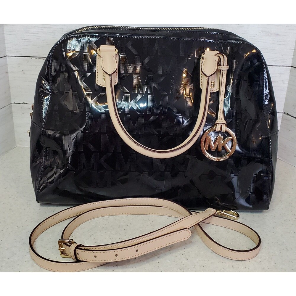 Michael Kors Black Logo Crossbody Purse Mirror Gold Hardware Dome Satchel